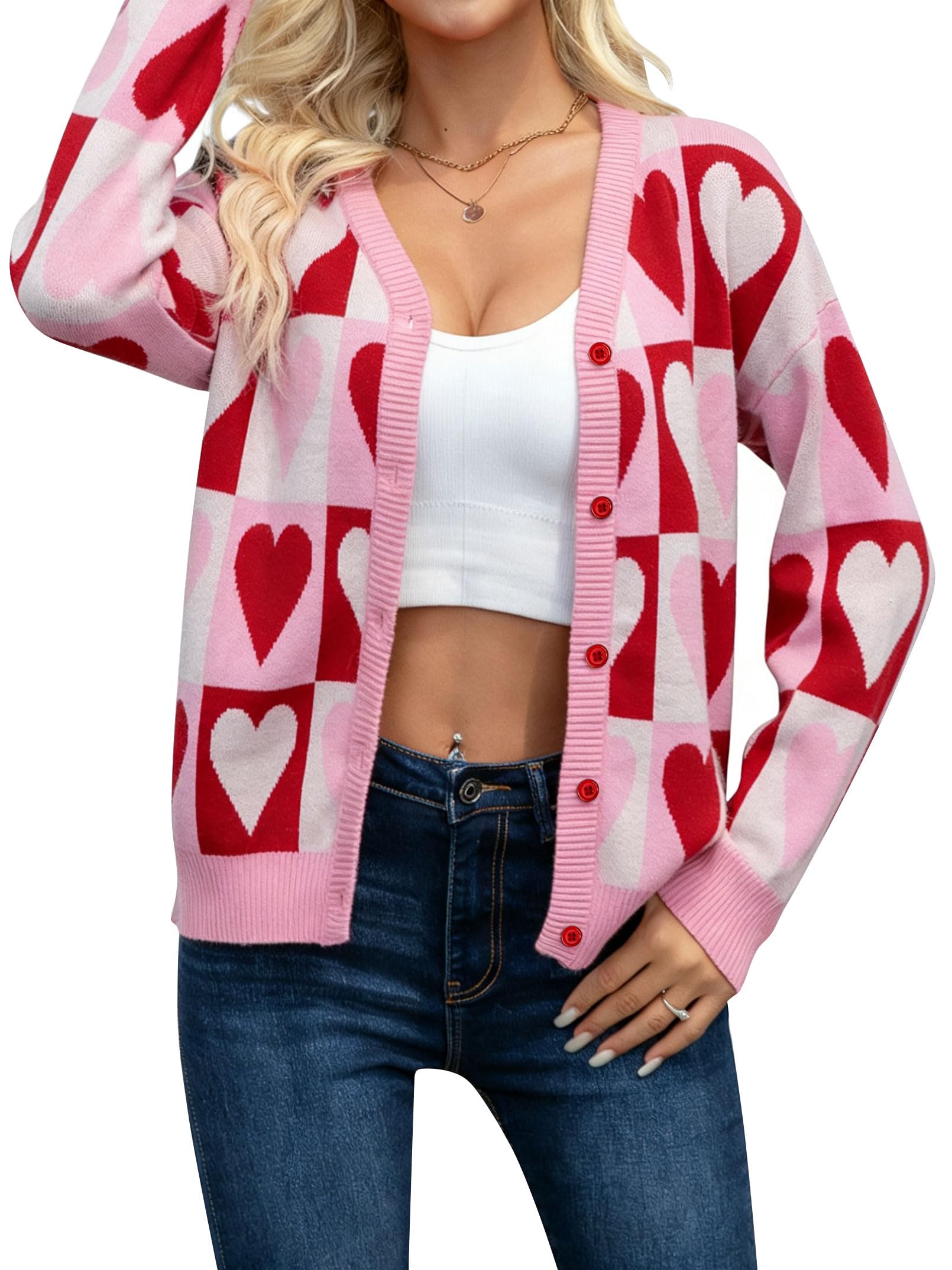 NEWWEN Valentines Cardigan Sweaters for Women Heart Graphic Knit Sweater Button Down V Neck Open Front Outerwear