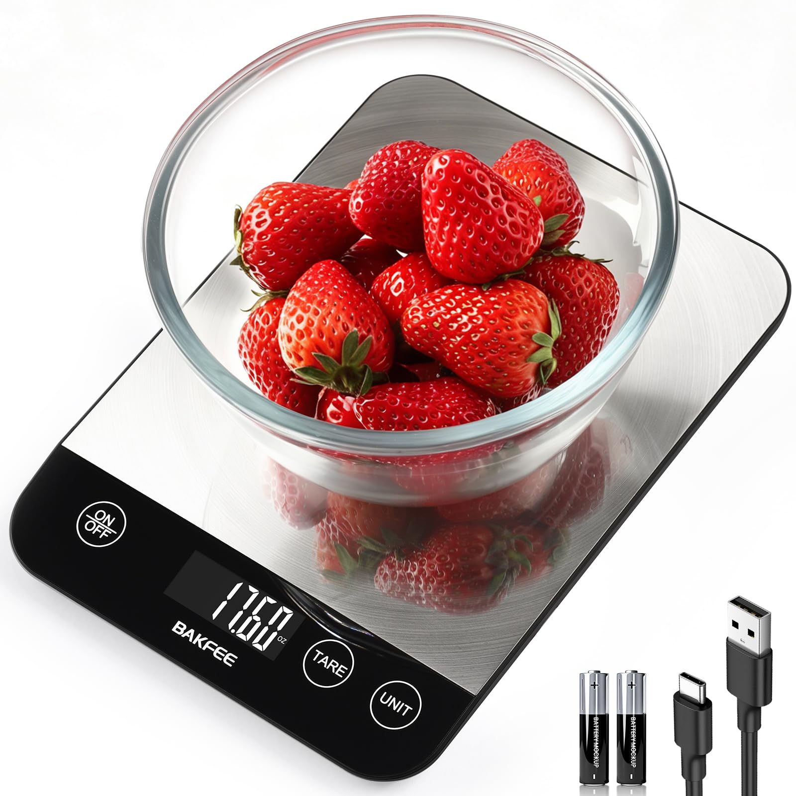 15.0 kg Digitale Küchenwaage, wiederaufladbare Lebensmittelwaage Gramm und Unzen mit Edelstahl, USB-Aufladung, 1 g hohe Genauigkeit zum Backen und Kochen, Essen usw
