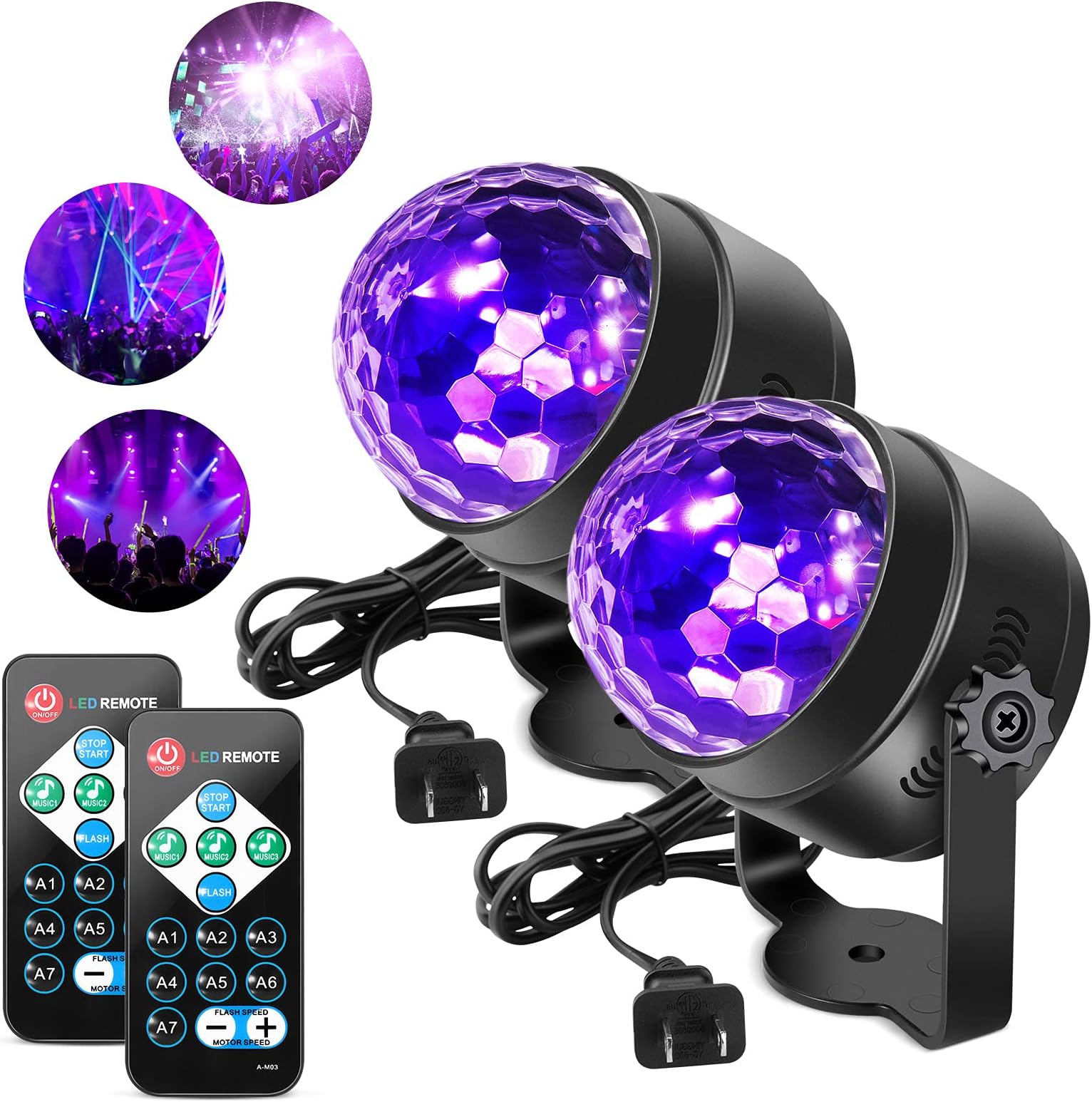 UV Black Lights for Glow Party, 6W Disco Ball LED Party Lights Sound Activated with Remote Control, 7 Modes Stage Light for UV Party Halloween Decorations Birthday Party DJ Bar Xmas(2 pcs)