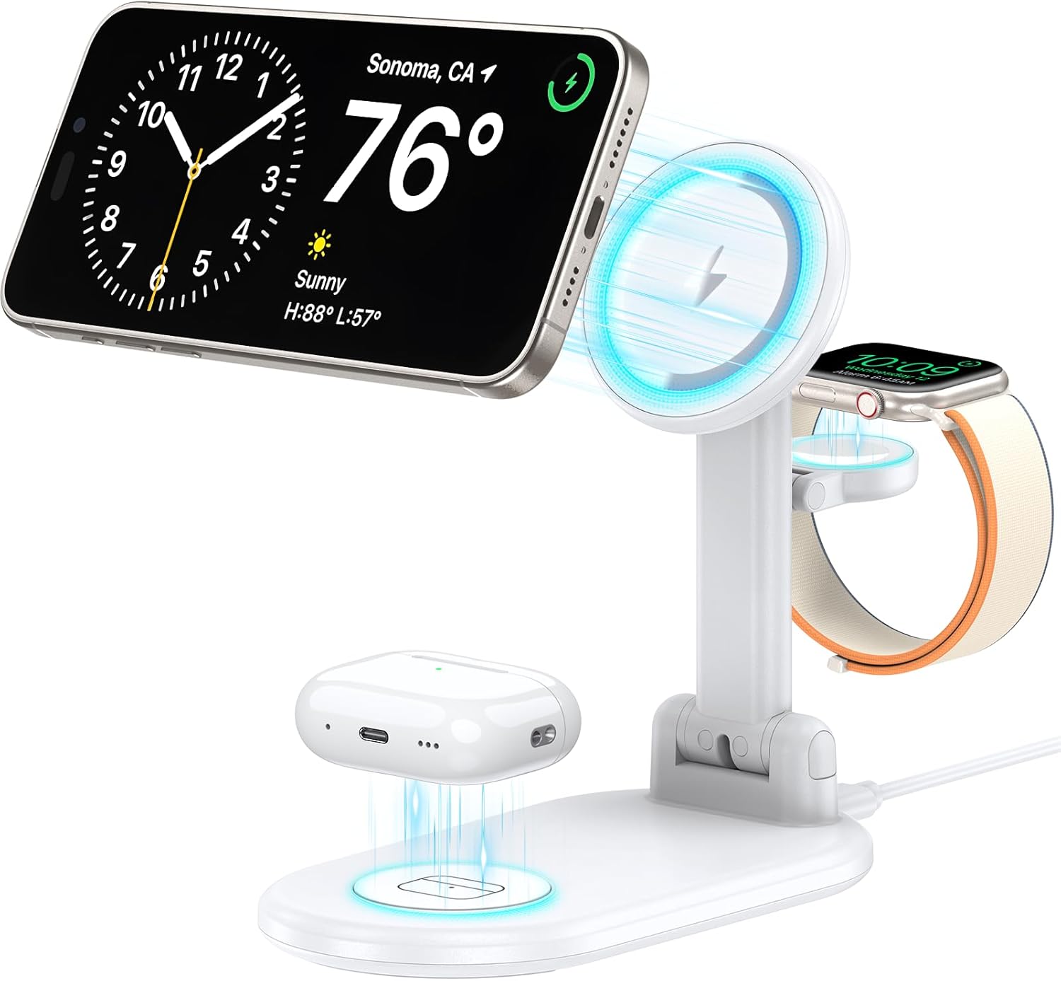 Magnetic Wireless Charger Mag-Safe 3 in 1 Charging Station,15W Max Foldable Wireless Charging Stand for iPhone 17/16/15/14/13/12, Fast Travel Charger for Multiple Devices iWatch Airpods (White)