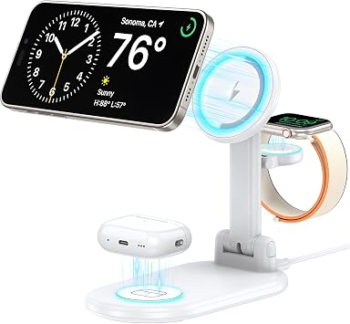 Magnetic Wireless Charger Mag-Safe 3 in 1 Charging Station,15W Max Foldable Wireless Charging Stand for iPhone 17/16/15/14/13/12, Fast Travel Charger for Multiple Devices iWatch Airpods White