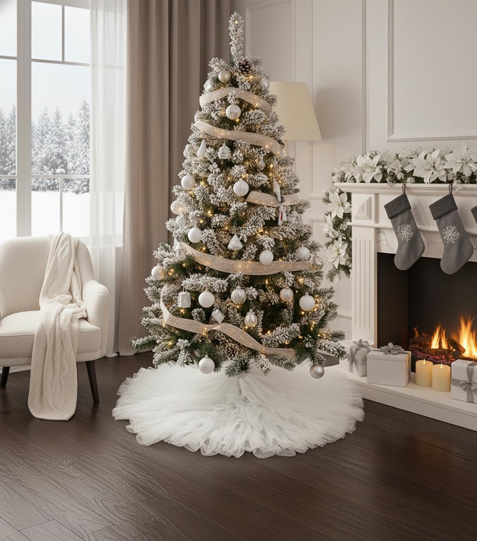 AISENO 48 Inch Fluffy Tulle Christmas Tree Skirt, Elegant Vintage Design, Christmas Tree Decorations White