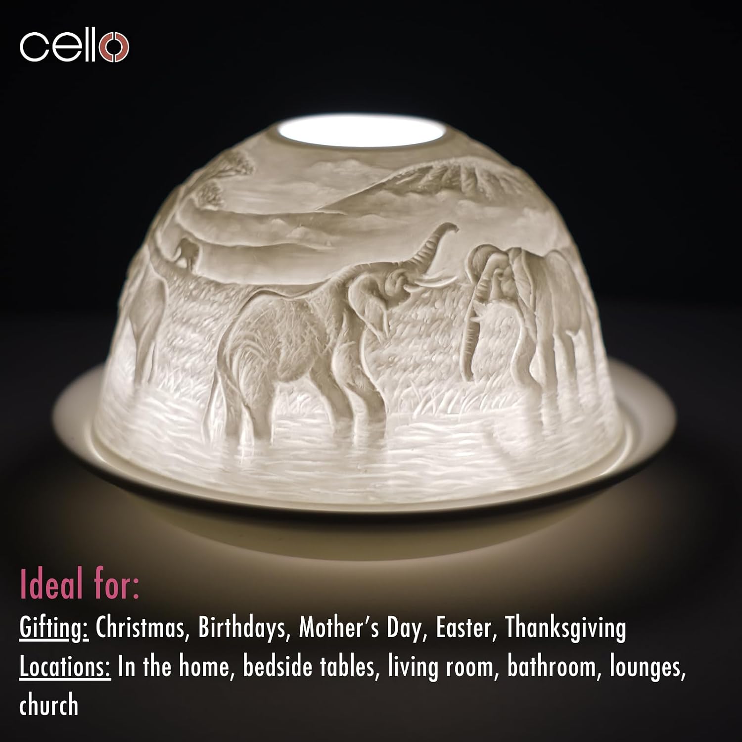 Cello Porcelain Tealight Candle Holder - Elephant 3D LED Dome, Gift
