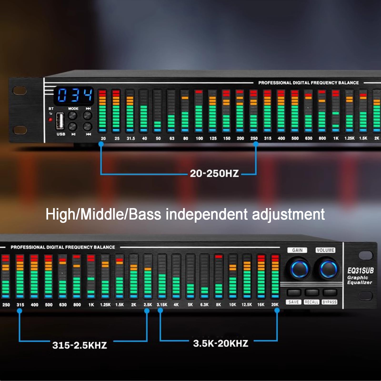 31-pasmowy cyfrowy korektor graficzny, domowy analizator widma audio, redukcja szumów, z wyświetlaczem LCD, 10 zaprogramowanych efektów, światło LED