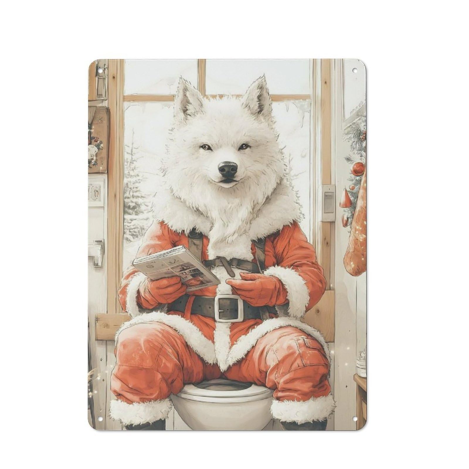 Junmoney Wolf Santa On Toilet Metal Wall Sign 40X30cm Featuring For Hallway Wall, Suited To Wall Display Collectors