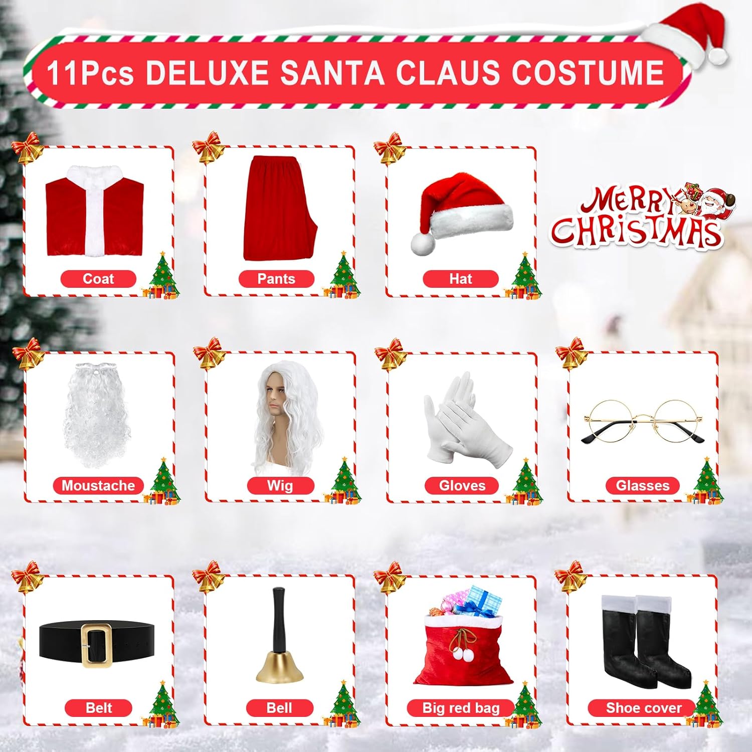 11PCS Santa Claus Costume for Men Set, Professional Santa Costume Adult Men Santa Suit Outfit for Christmas - Image 2