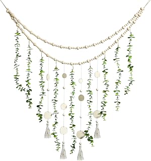 Jetec Large Boho Eucalyptus Wall Hanging - 36x36 Inch Wooden Bead Garland Artificial Greenery Farmhouse Decor