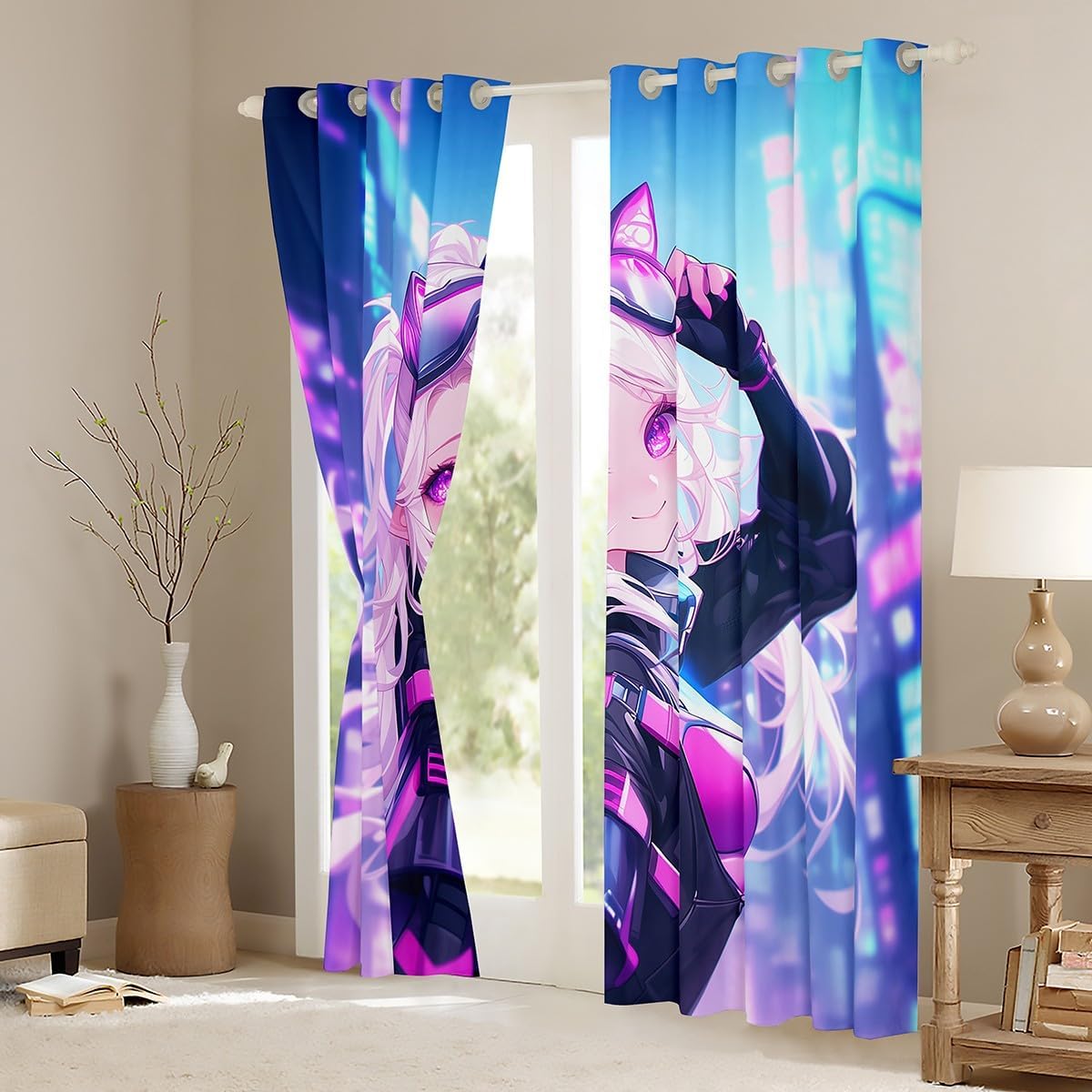 Erosebridal Japanese Anime Window Treatments Drapes, Kawaii Anime Girl Blackout Curtains 38" Wx45 L Cartoon Girl Window Curtains 2 Panel Sets, Japanese Animation Sci Fi Style Decor for Living Room
