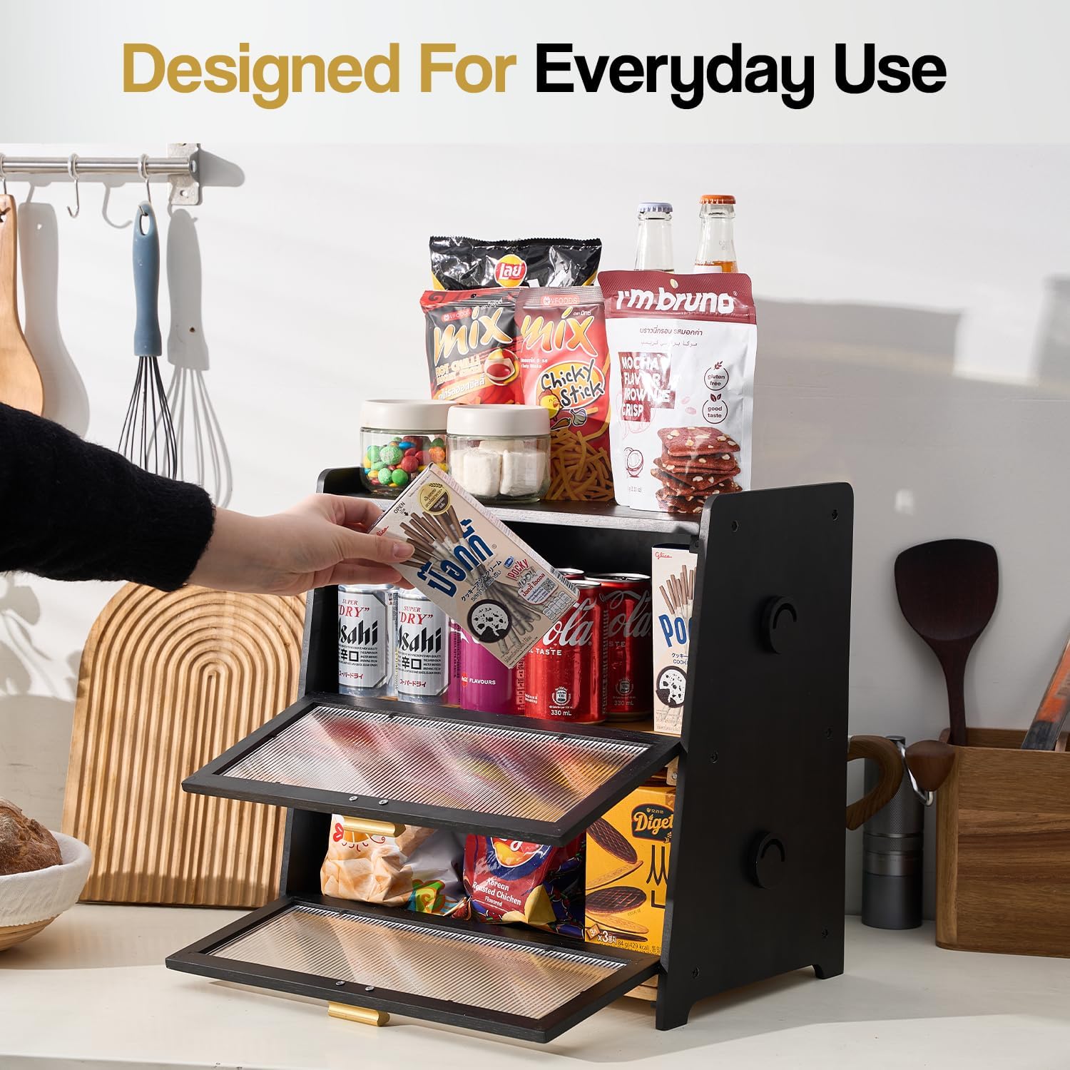 2-Tier Large Bread Box for Kitchen Countertop - Double Wooden Bread Storage Container with Bamboo Cutting Board & Adjustable Air Vents, Midnight Black (Space Saving Corner Bread Box)