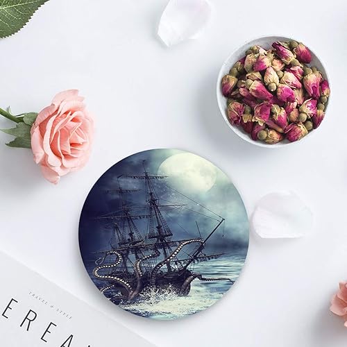 Miniatura 5 de Kraken Octopus Monster Pirate Ship - Juego de 4 posavasos de cerámica redonda absorbente con respaldo de corcho para el hogar, regalo de