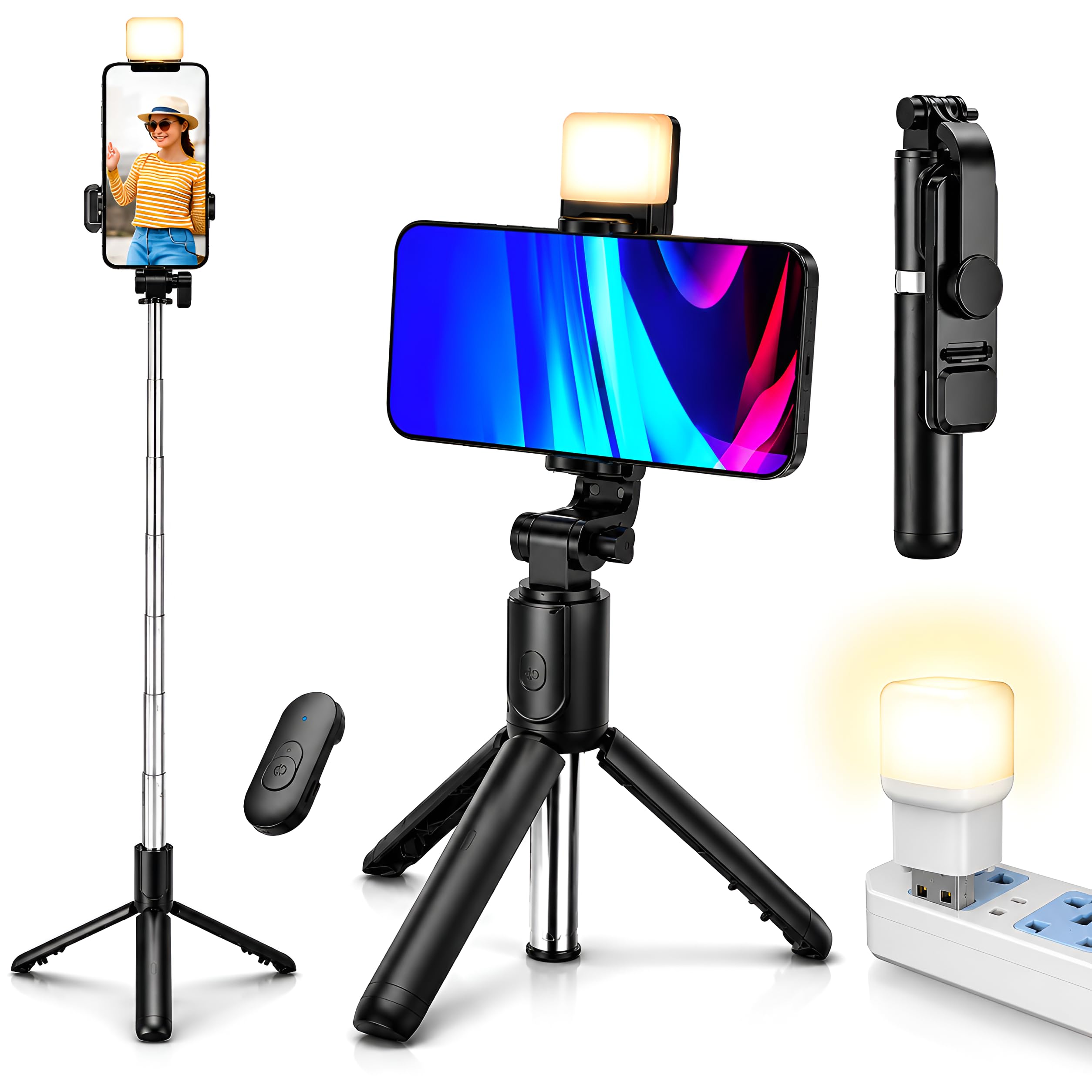 Blushinsta Selfie Stick Tripod with Light, Tripod Stand for Phone with Light, 3 in 1 Design Selfie Stand, Rechargeable LED Light with Two Brightness Levels with Bluetooth Remote