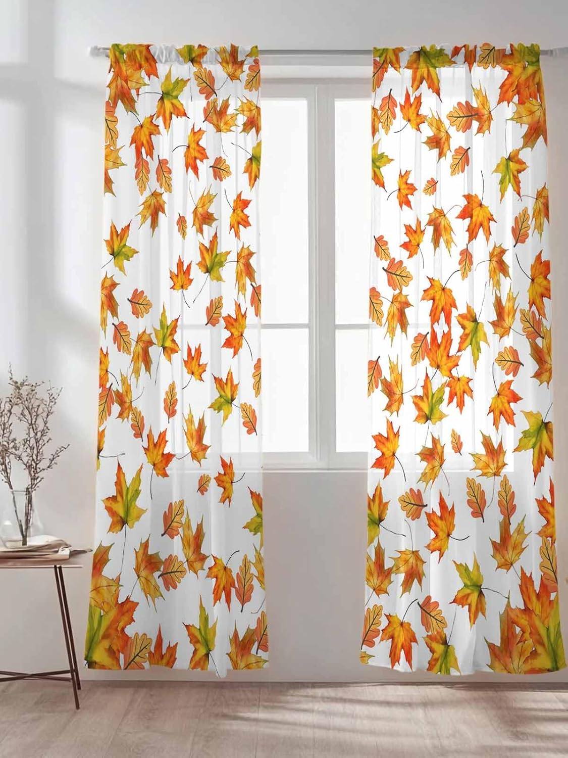 Fall Sheer Curtains 84 Inch Length 2 Panels Set, Harvest Fall Maple Leaves Kitchen Curtains Rod Pocket Orange Autumn Curtain for Bedroom Living Room, Thanksgiving Voile Window Treatment Decor Themed