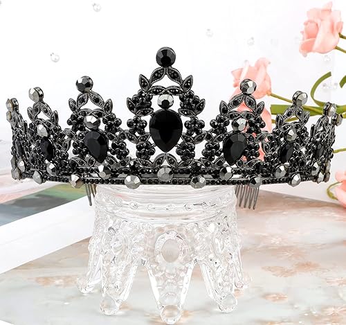Miniatura 7 de SuPoo Banda negra de cumpleaños y corona de metal para mujer, decoración de princesa con purpurina con peine, recuerdo de fiesta de feliz cumpleaños