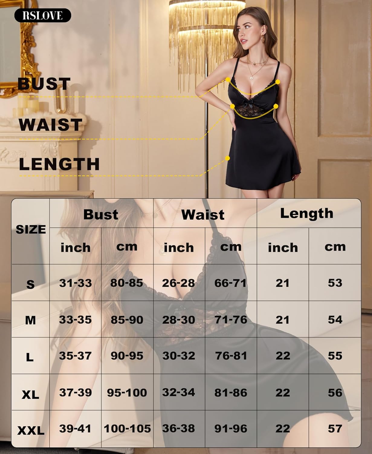 RSLOVE Women's Lingerie Sexy Nightgown – V Neck Satin Babydoll Chemise Lace Slip Dress Sleepwear Loungewear - Image 5