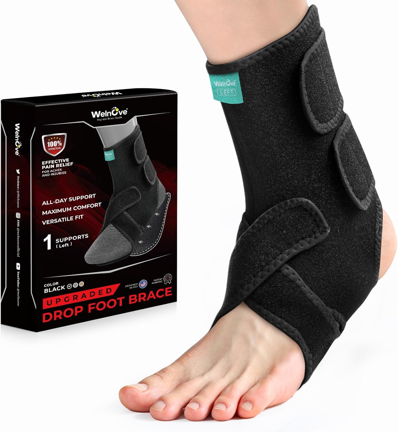 Welnove Adjustable Drop Foot Brace for Everyday Support – Stabilizes Ankle and Arch, Aids Recovery and Comfort for Foot Drop, Plantar Fasciitis, and Nerve Injuries（Left）