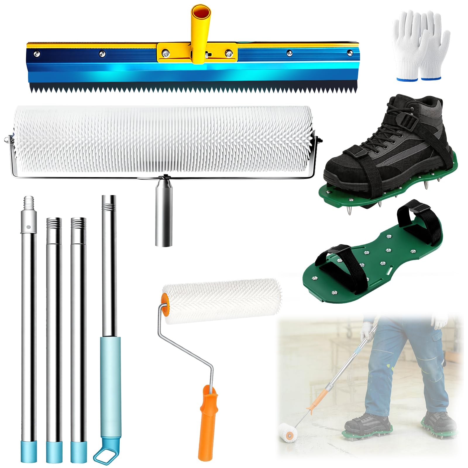 WUDLEP Self-Levelling Cement Tool Kit, Equipped with Stainless Steel Scraper Self-Leveling Rake, Floor Construction Roller Spike Shoes,Epoxy Floor Paint Tools with 1.6m Removable Long Extended Handle