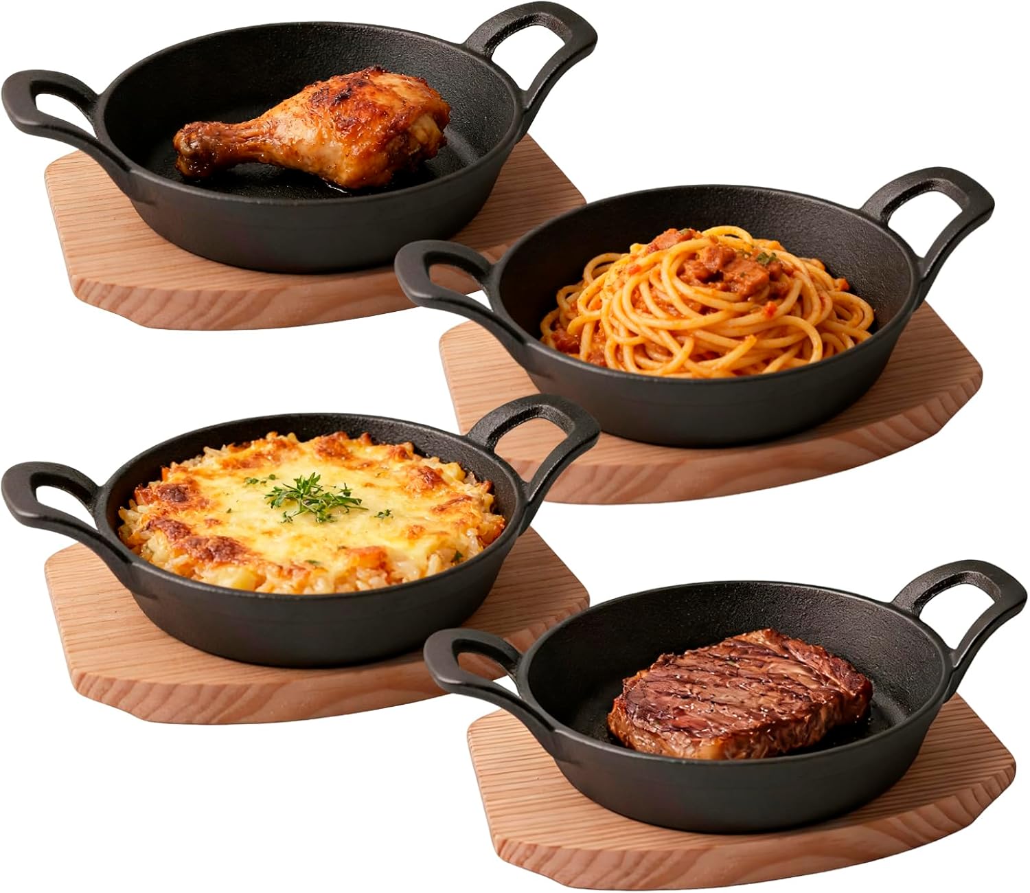 4 Pack Small Cast Iron Skillet Set with Iron Handles & Wooden Trays - 6.4 Inch Mini Cast Iron Pans for Sizzling Fajitas, Steaks, Baking & BBQ | Oven Safe for Indoor and Outdoor Use (Black)