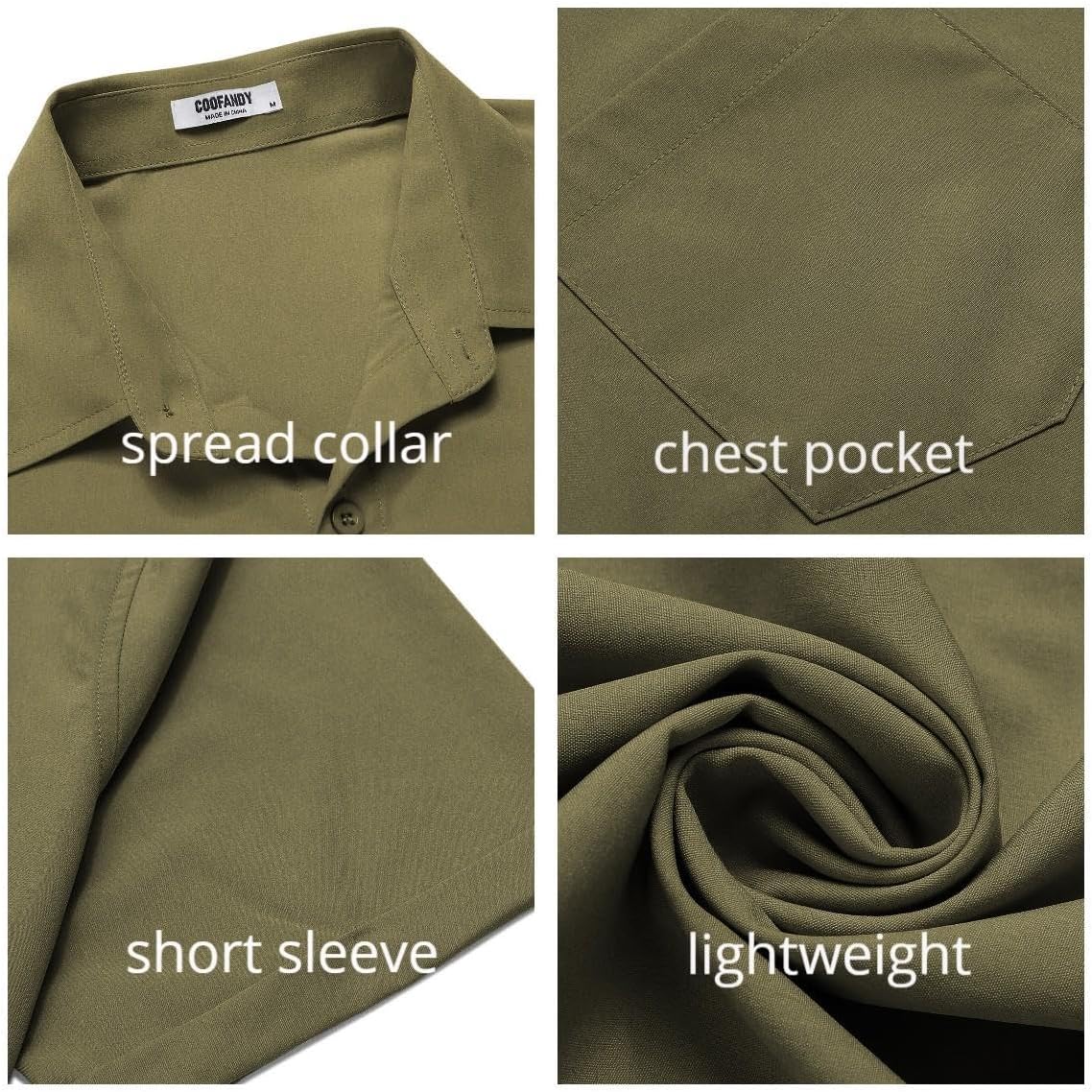 COOFANDY Mens Button Down Short Sleeve Shirt Casual Summer Beach Textured Pocket Olive Green - Image 5