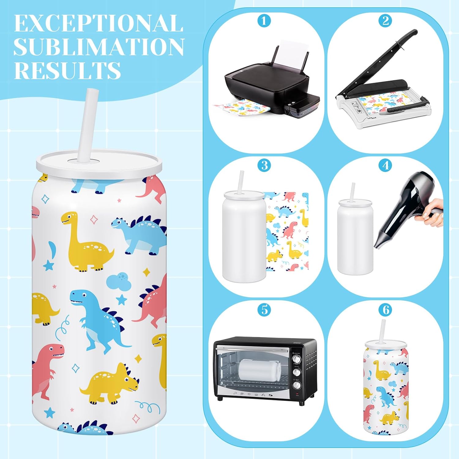 6 Set Sublimation Tumbler with Lid and Straw 16 oz Sublimation Insulated Cup Stainless Steel Cup with Packing Box Ribbon Transparent Handbag for Iced Coffee Juice Soda(White)