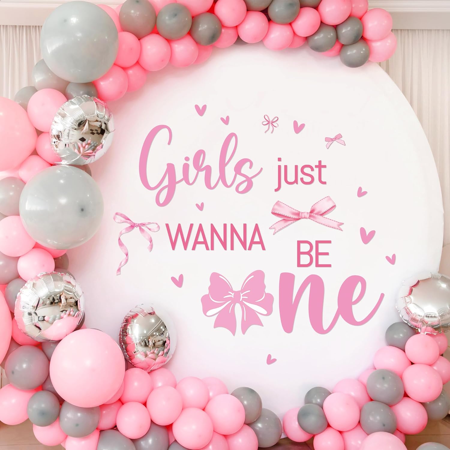 Girls Just Wanna Be One Decal - Pink Bow First Birthday Party Decorations Backdrop Sign Balloon Arch Decor Sticker, Sweet Ones Theme Bithday Parties Decoration Photo Background Props(Only Sticker)