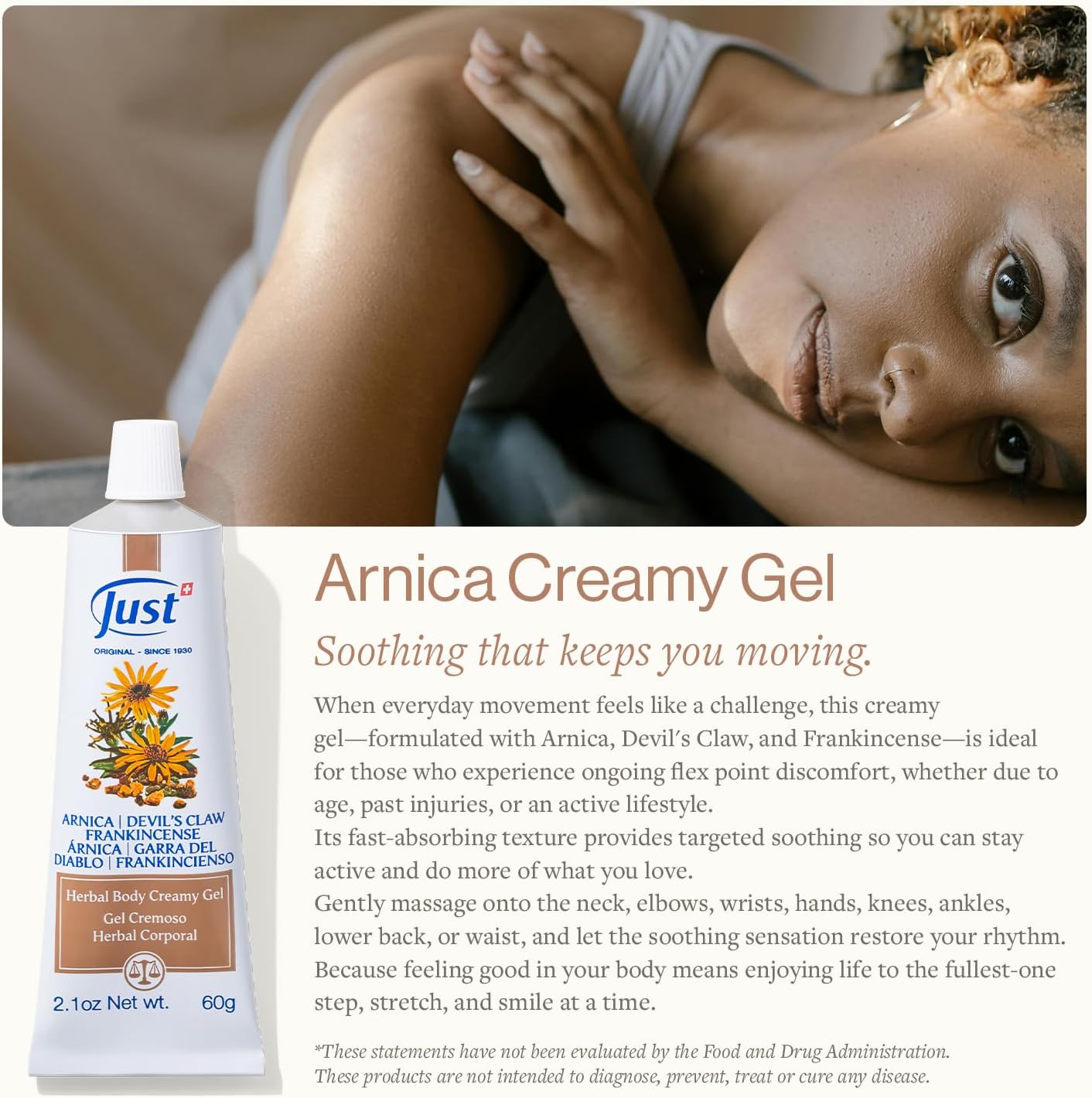 Swiss Just Arnica Gel, Arnica Creamy Gel 60g. Arnica Cream w/Devils Claw & Frankincense Oil. A Gentle Massage Cream on Wrists, Fingers, Knees, Ankles, Joints, Waist, Neck, and Back.