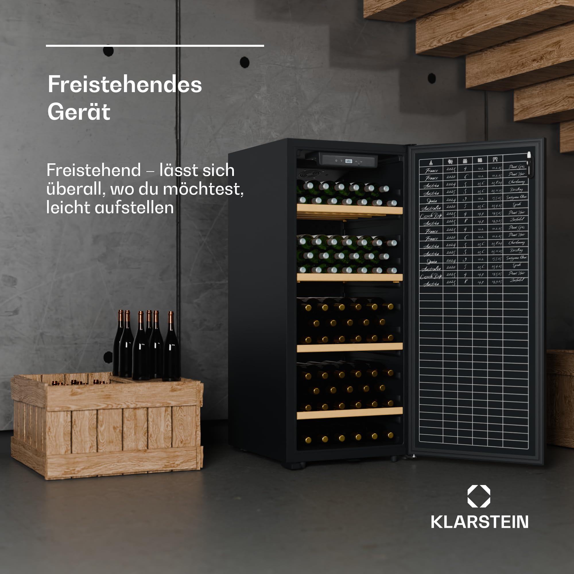 Klarstein CellarMax Weinkühlschrank Freistehend - 114 Flaschen, 5-20 °C, Touch-Bedienung, Metalltür, Alarm, 1 Zone, Holzregale, Energieklasse E