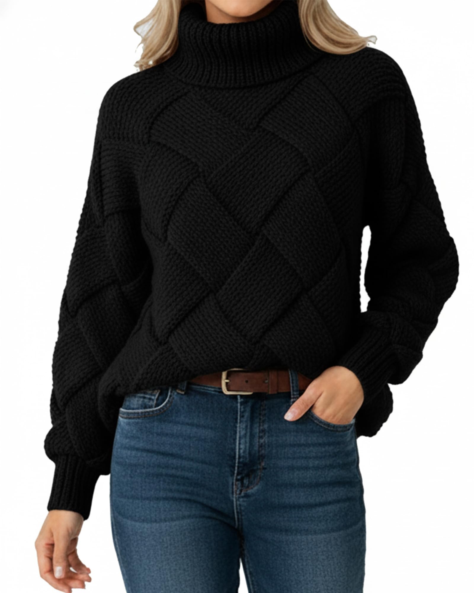 ZAFUL Womens Chunky Knit Turtleneck Sweater Soft Herringbone Pattern Cozy Winter Casual Street Style Pullover