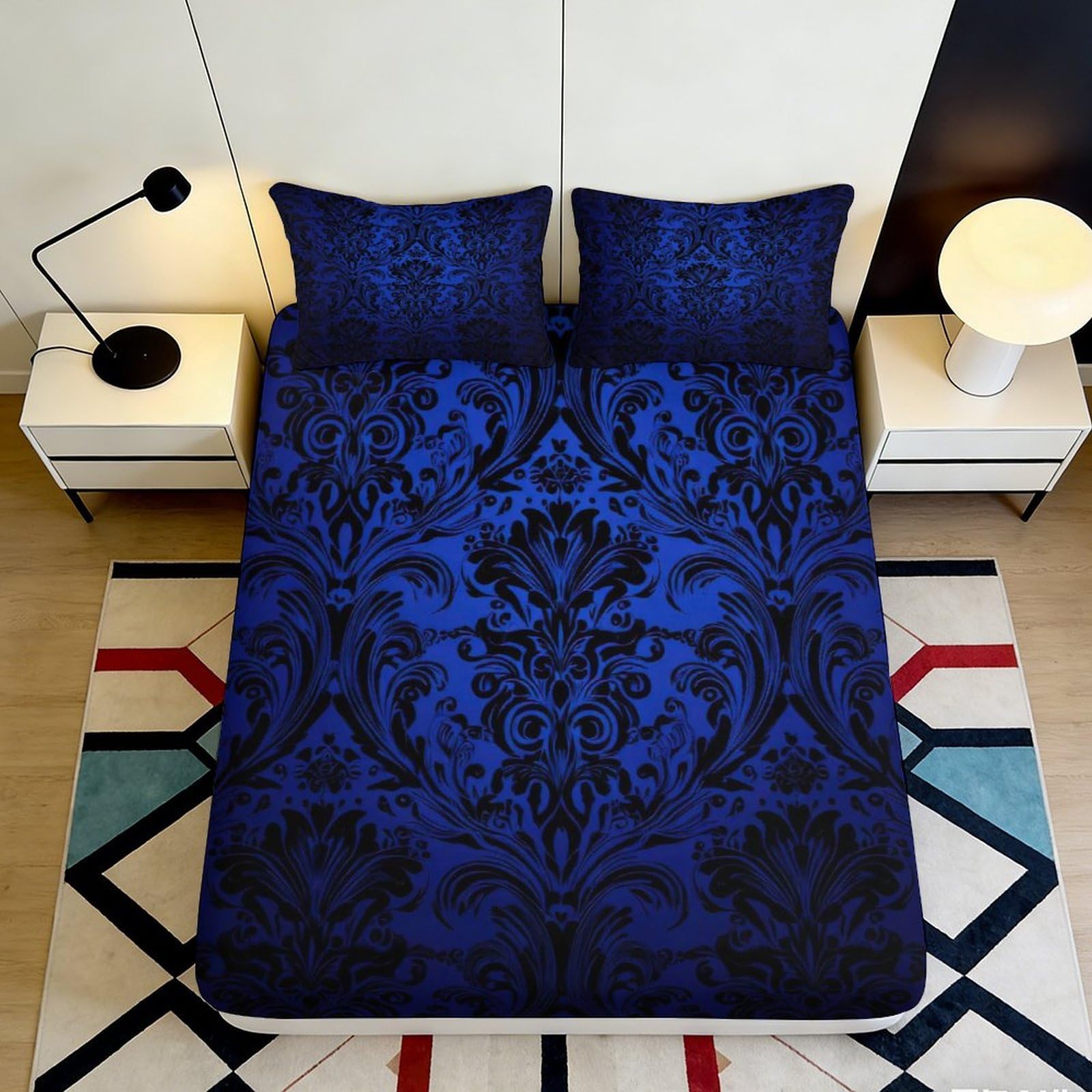 3D Printed Royal Blue Baroque Fitted Sheet Microfiber Soft Breathable Vintage Damask Mattress Cover for Bedroom Guestroom Decor 90x200x25cm