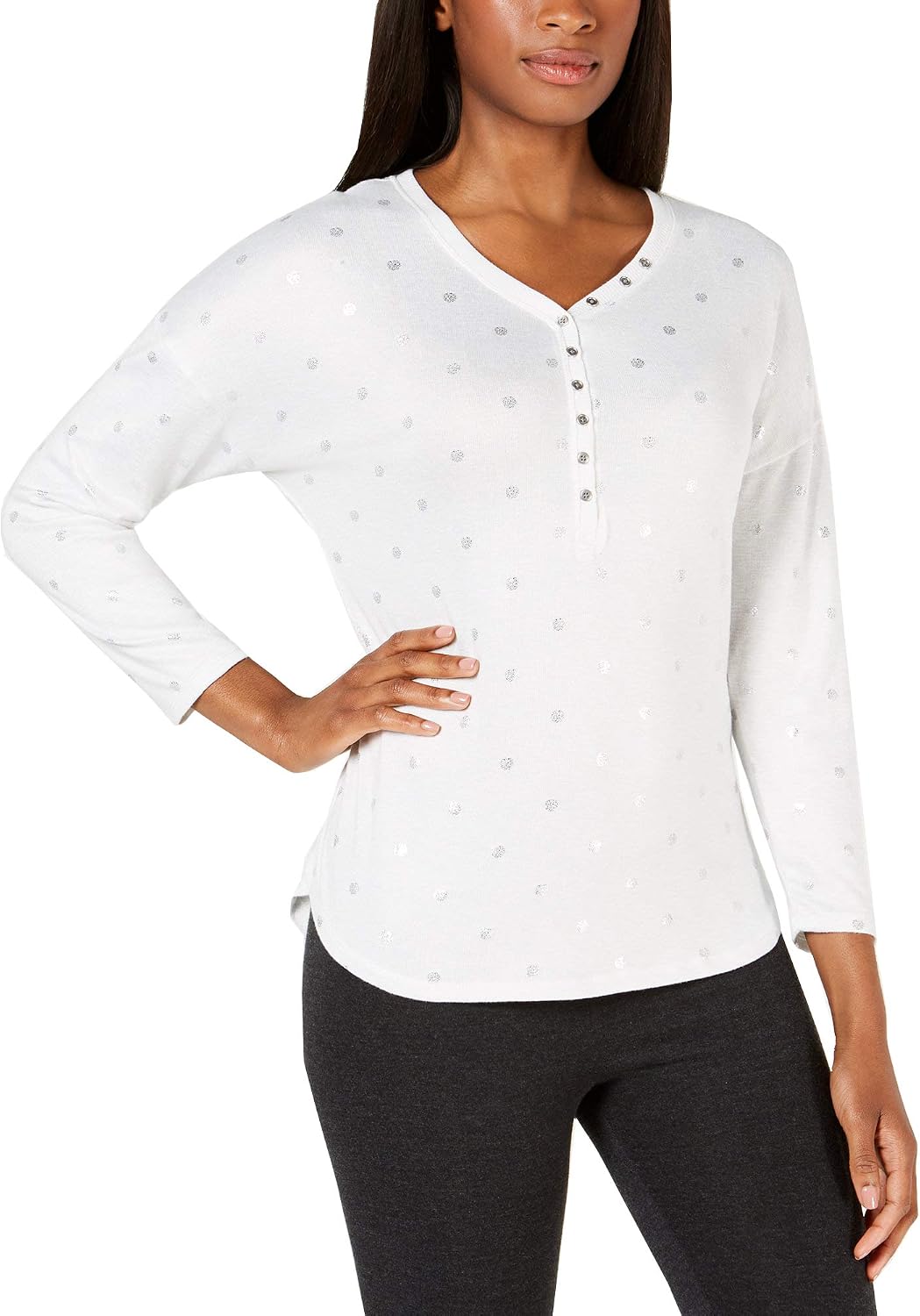 Ande Women's Foil-Printed Long Sleeves Henley Knit Pajama Top, White, X-Large