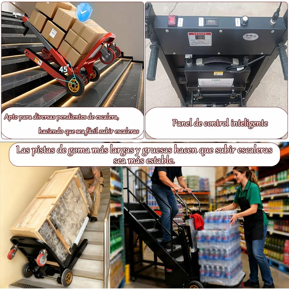 Carretilla Eléctrica para Escaleras 1100lbs/500kg Capacidad Motor 1500W Sin Escobillas Ideal Batería 48V/42A 6-8H Autonomía para Mudanzas Almacén Logística