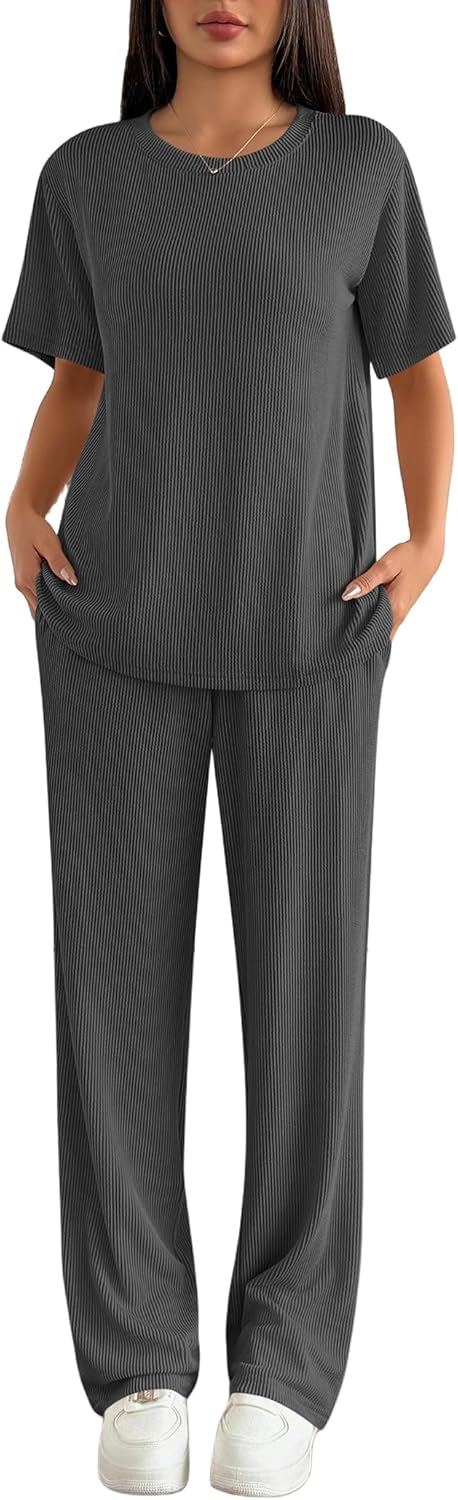 Ekouaer Lounge Sets for Women 2 Piece Matching Travel Outfits 2026 Loose Short Sleeve Top Wide Leg Pants Pockets - Image 3