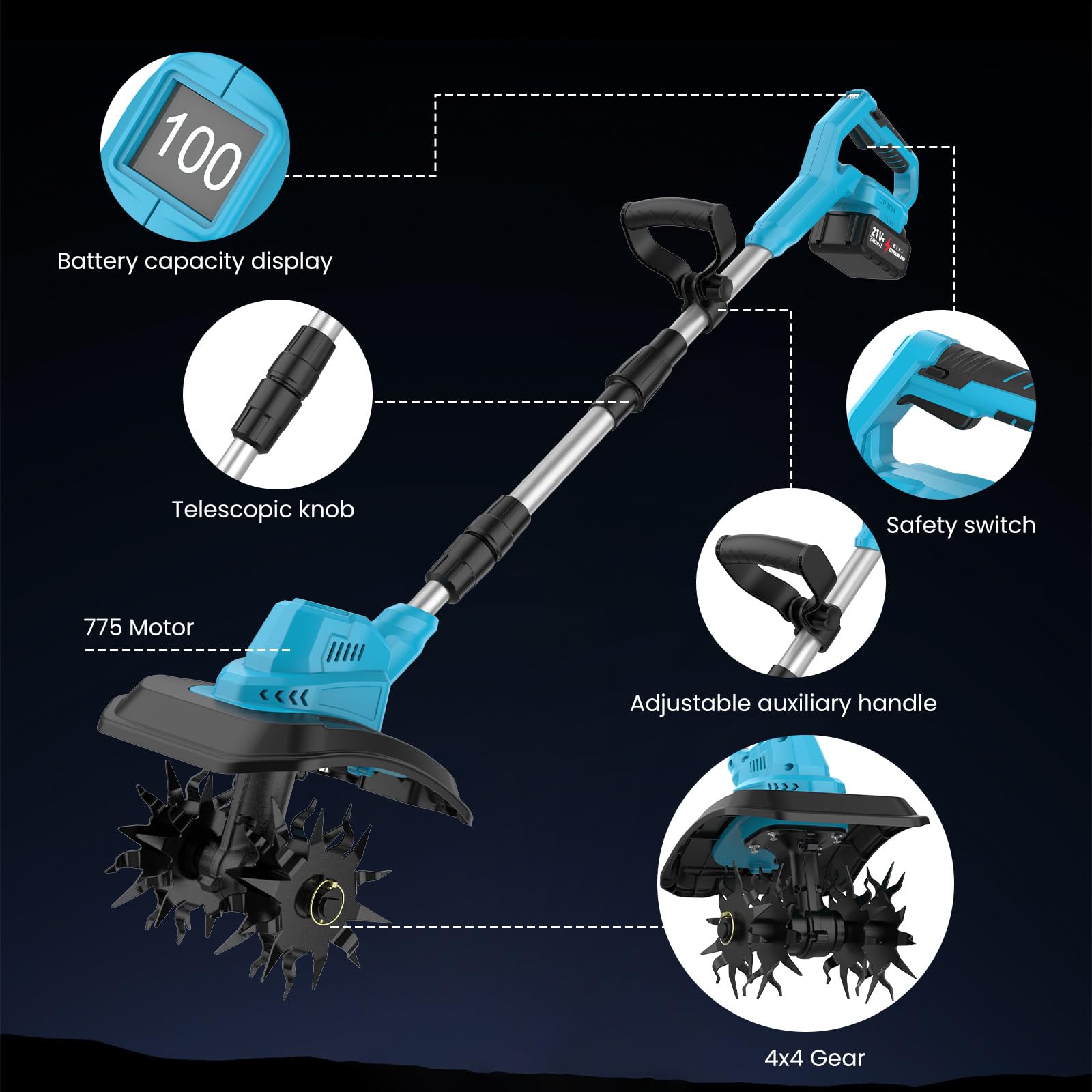 Motozappa elettrica senza fili, Motozappa Elettrica per Orto | Motore brushless 500W, 2 batterie 4.0Ah, schermo LED, 4 fragole (larghezza 30 cm/prof 20 cm), per arieggiare il terreno