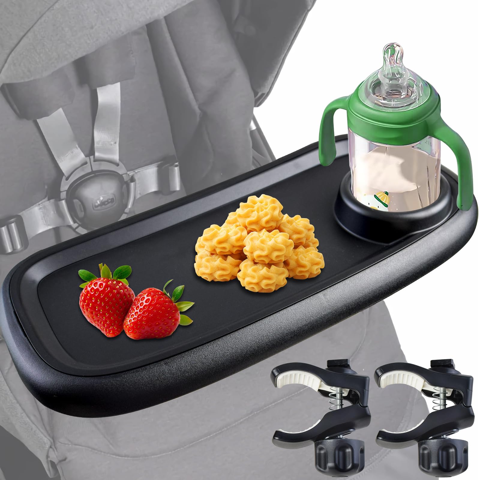 Photo 1 of **MISSING PARTS***Wanateber Universal Stroller Snack Tray, Double-Layer Removable Stroller Snack Tray Attachment with Strollers Cup Holder, Non-Slip Snacks Holder for Strollers Accessories