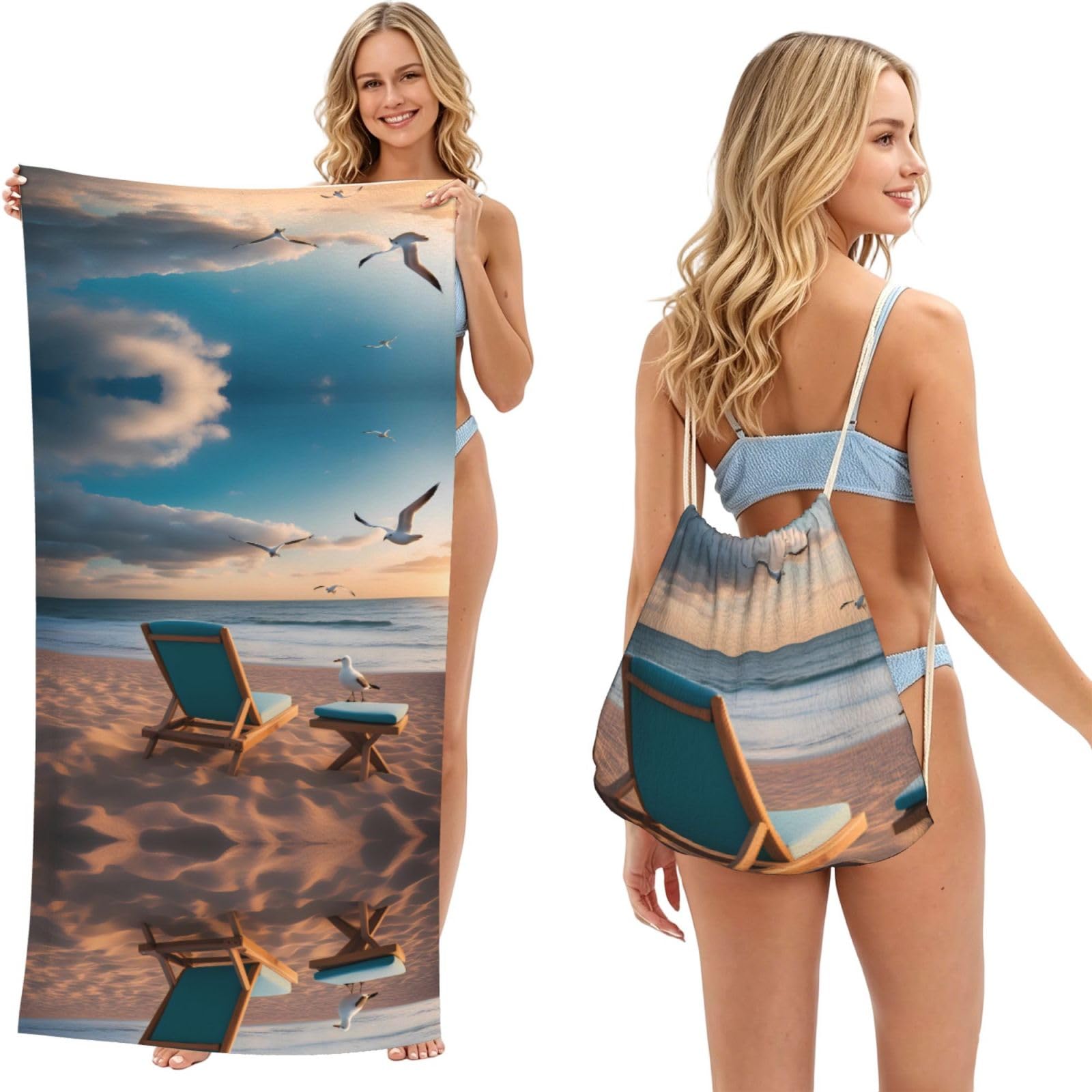 SXZVVBN Beautiful seashore 2-in-1 Beach Towel Bag, Quick Dry Sand Free Travel Towel Backpack for Adults