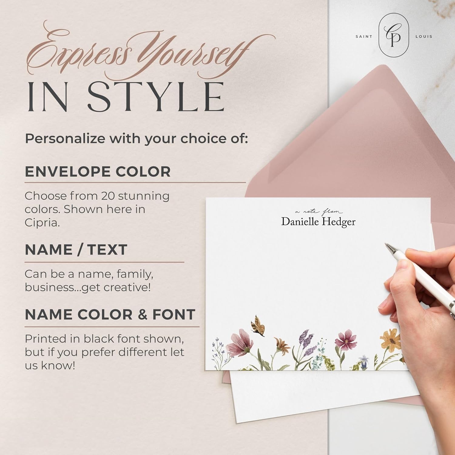 Personalized Stationery for Women, Everly Flat Card with Custom Note Cards Name, Purple & Pink Wildflowers Thank You Cards with Envelopes Personalized Stationary Custom Card for Gifts - Everly Flat