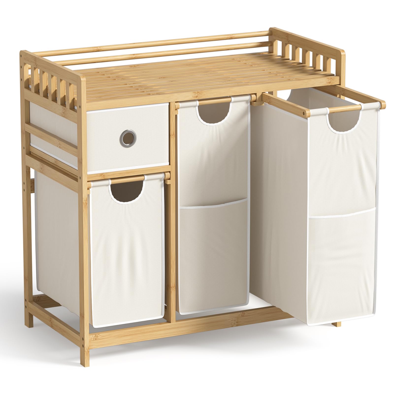 Wäschekorb 3 Fächer Bambus, Wäschesammler 127 L, Wäsche Sortiersystem, Wäschesortierer mit Schublade, Wäscheregal, Wäschesack für Bad Schlafzimmer Waschküche 78 x 41 x 78 cm