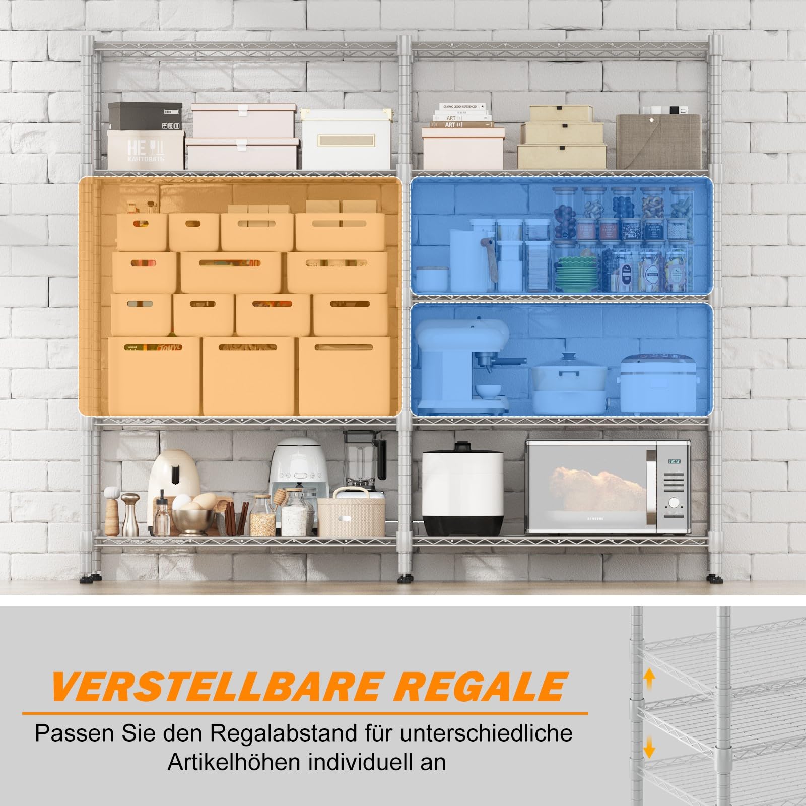 Himimi 5-stöckiges Metallregal zur Aufbewahrung, verstellbares Drahtregal, Schwerlastregal mit Nivellierfüßen, Lagerregal für Schlafzimmer, Wohnzimmer, Küche, Garage, 180 x 45 x 183 cm, Silber