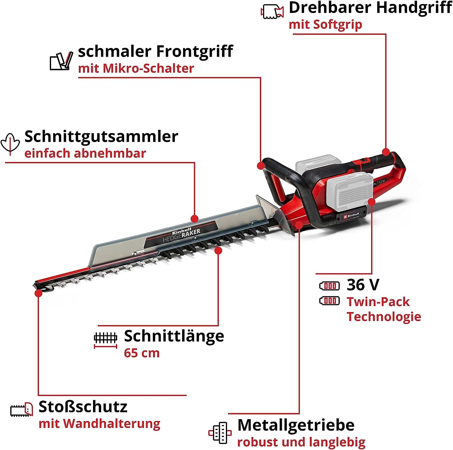 Einhell Akku-Heckenschere GE-CH 36/65 Li-Solo Power X-Change (36 V, 65 cm Schnittlänge, 30 mm Zahnabstand, drehbarer Handgriff, inkl. Schnittgutsammler, ohne Akku)