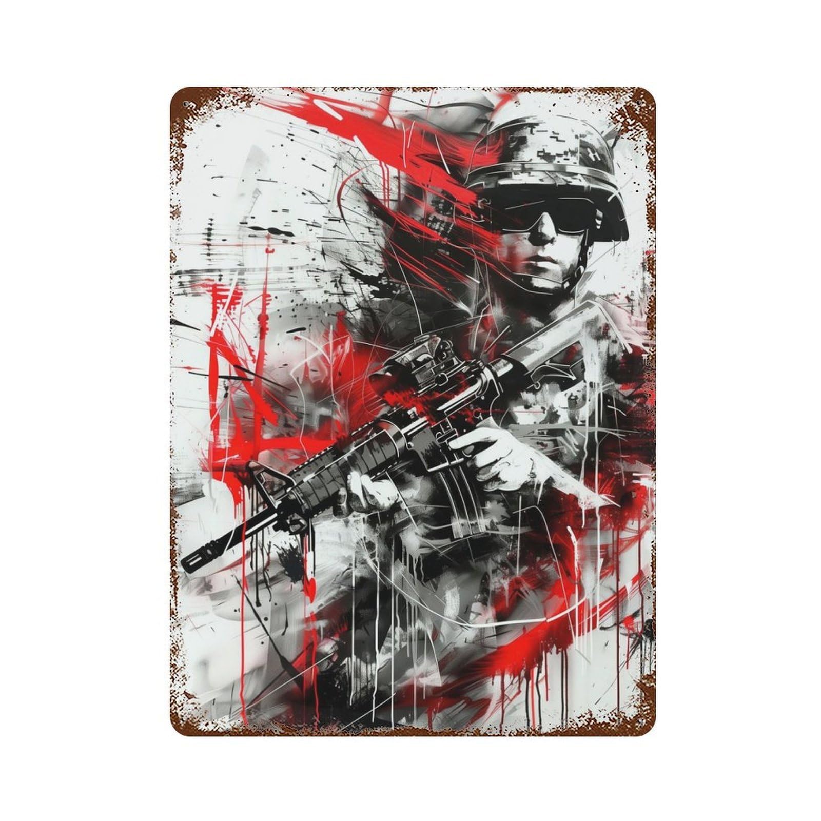 Military Soldier Black Red Weathered Tin Sign 15.7"x11.8", Retro Wall Decor for Pub, Kitchen And Man Cave Decor