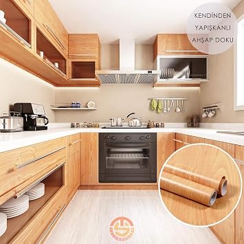 TechnoSmart 60cm×100cm Kendinden Yapışkanlı Ahşap Görünümlü Kaplama Kağıdı Mutfak Dolap Masa Duvar Bej