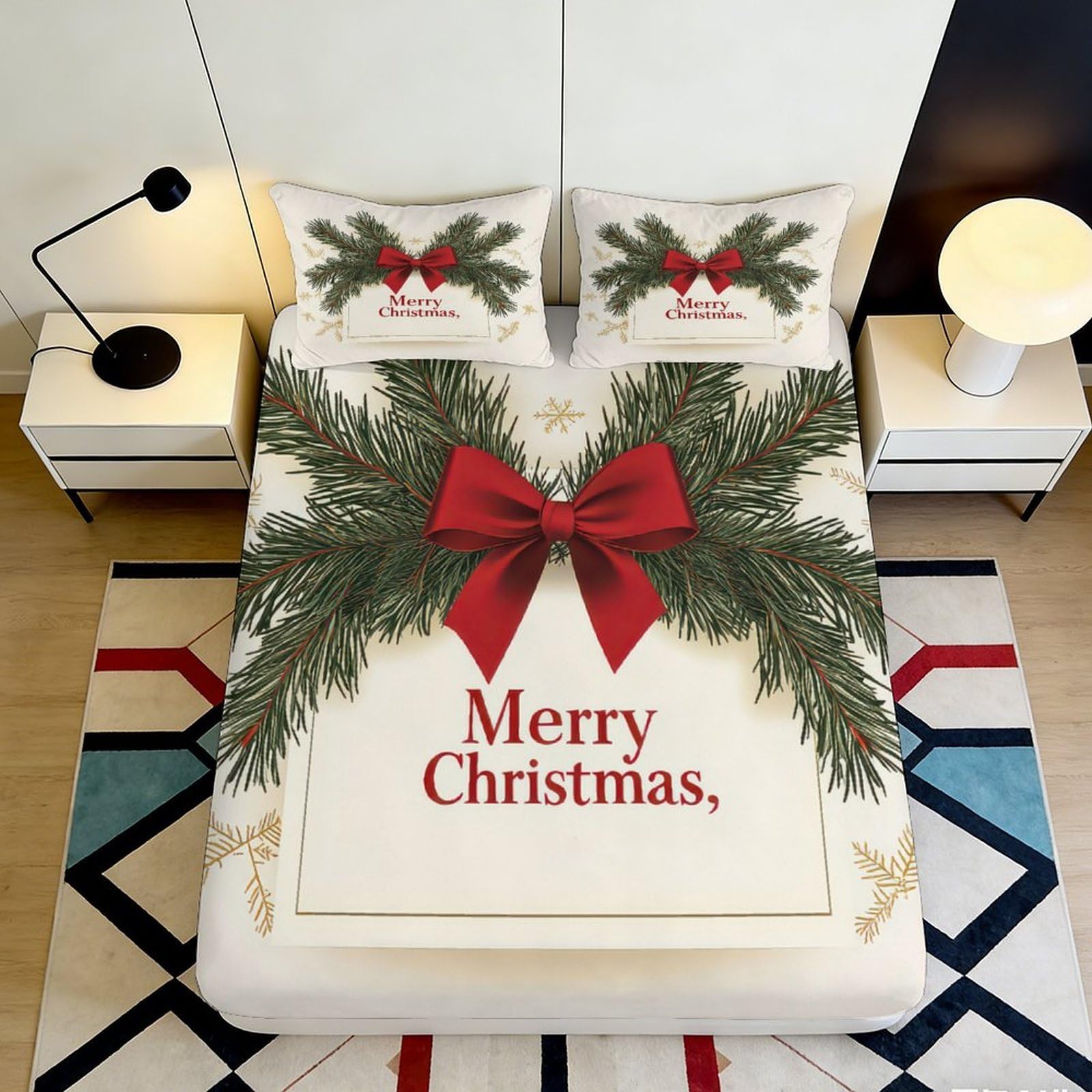 3D Printed Christmas Pine Branch Fitted Sheet Microfiber Soft Breathable Merry Bow Bed Cover for Bedroom Dormitory Guest Room Mattress Protection 120x200x25cm