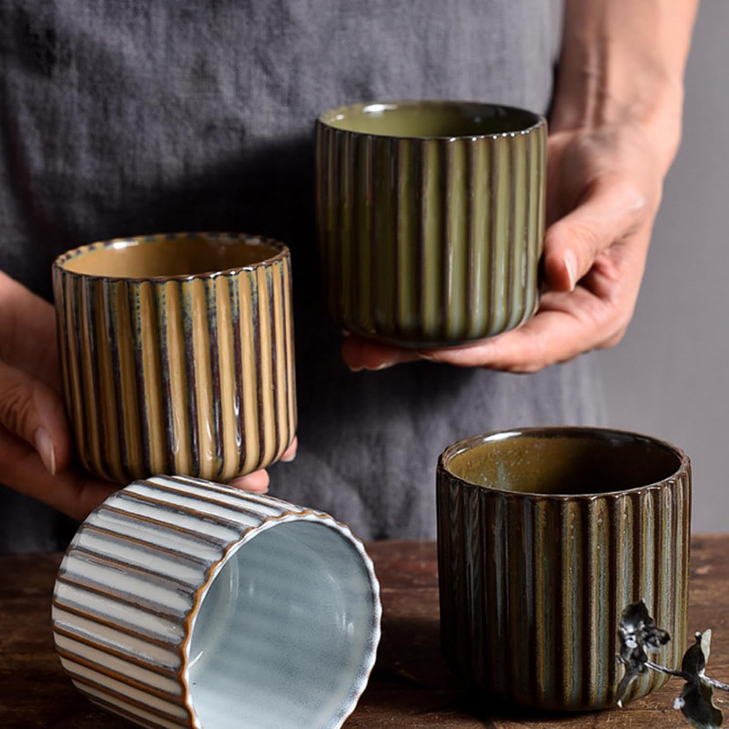 Vinitage Ceramic Mug, Japanese Tea Cup 6oz Striped Cup No Handle Drinking Cup for Latte Milk Water Beverage Juice Microwave and Dishwasher Safe, Kiln Transformation Cup (Brown) - Image 4