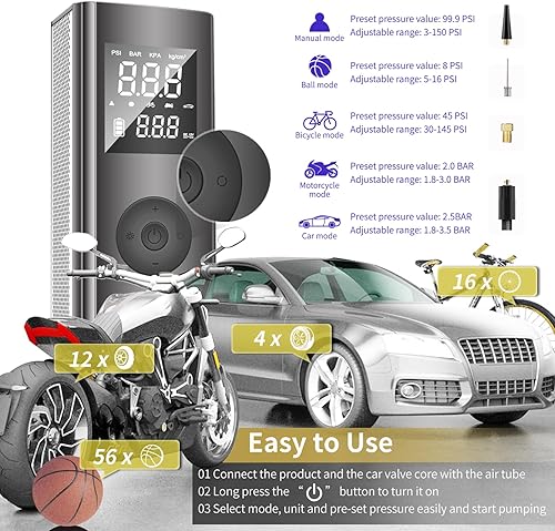 Miniatura 5 de Ljusved Compresor de aire portátil para inflado de neumáticos, 150 PSI versátil recargable con batería inalámbrica para automóvil, bicicleta,