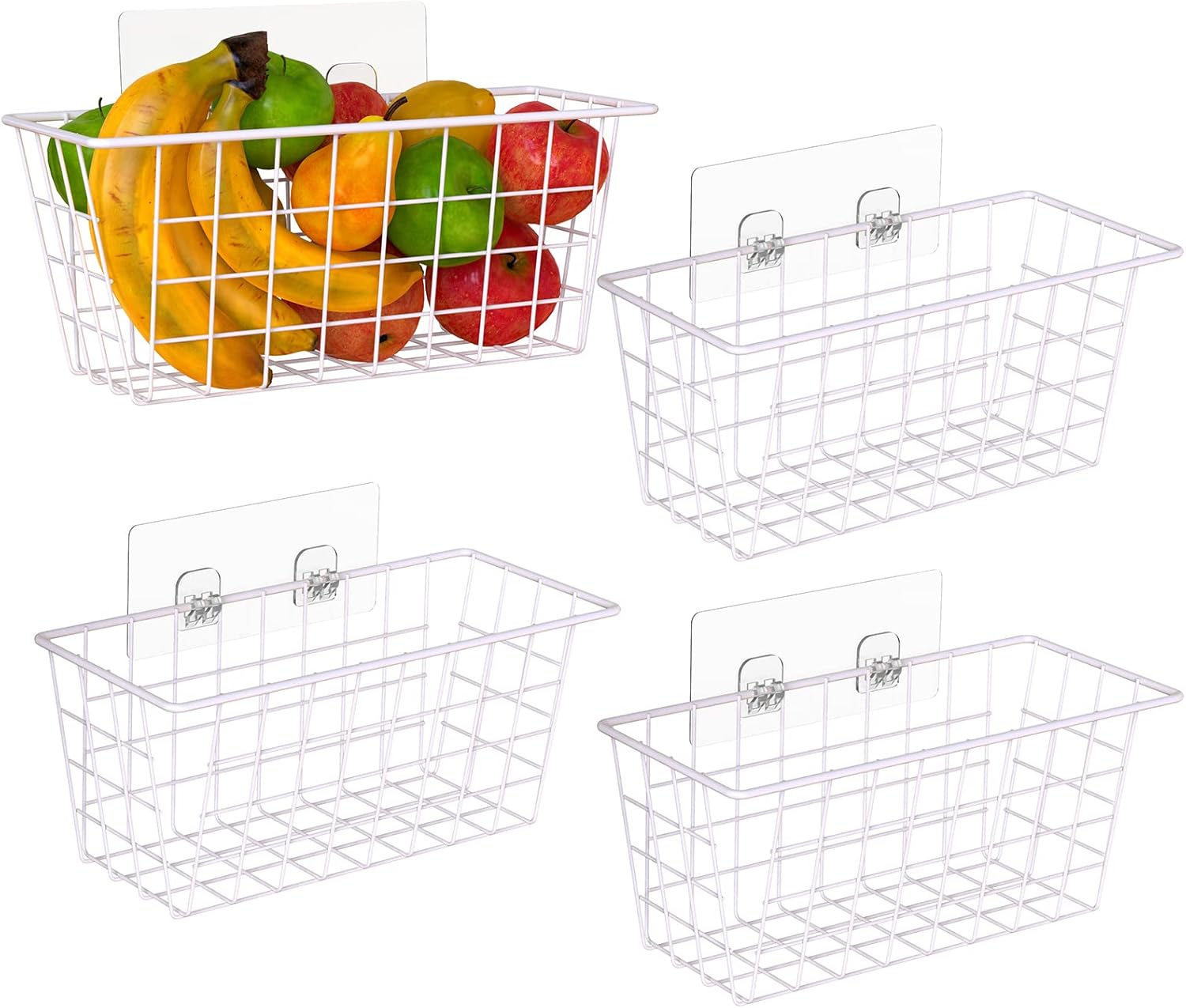 Adhesive Basket Wall Wire Basket Over the Cabinet Door Organizer No Drilling Mounted 4 Pack, White 4 Pack White