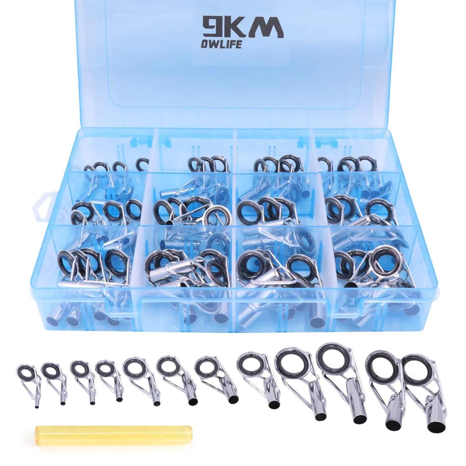 DWLIFE - Kit di riparazione per canne da pesca, 9 km, guida in ceramica con occhielli, colore argento salato, dimensioni miste con scatola (60 pezzi)