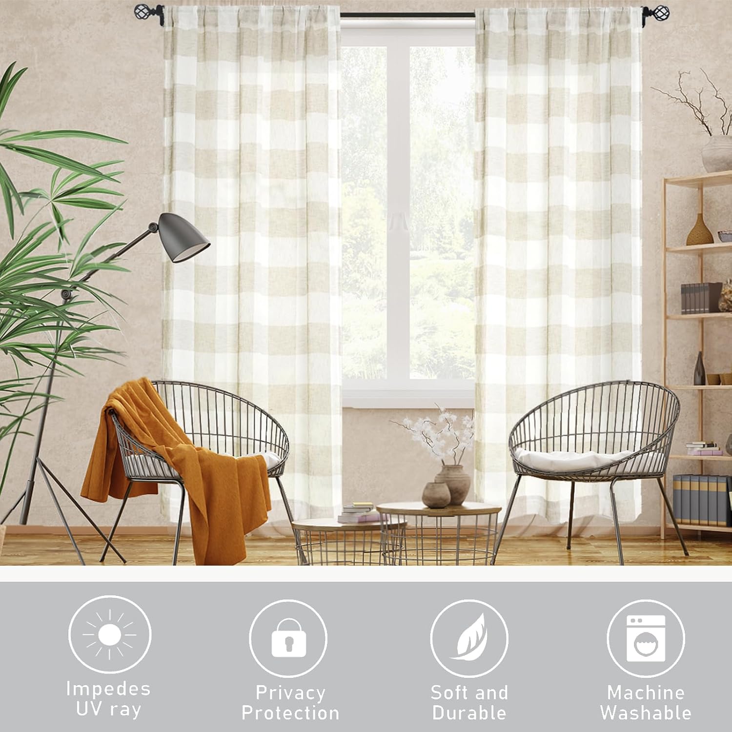 Amzdecor Tan Buffalo Plaid Curtains 84 Inch Long Linen Textured Sheer Panels Buffalo Check Plaid Rod Pocket Rustic Window Treatment Sets for Living Room Bedroom Farmhouse,2 Panels,40'x84'',Tan/Beige