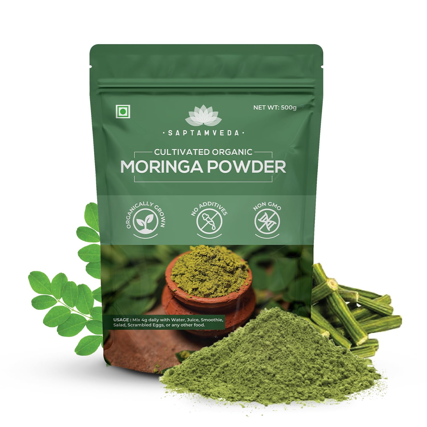SAPTAMVEDA 100% Organic Moringa Powder 500 Gm | Immunity Booster | Drumstick Leaf Powder | Natural Multi-vitamin | Anti-Oxidant | Good for Hair & Skin | Protein Rich