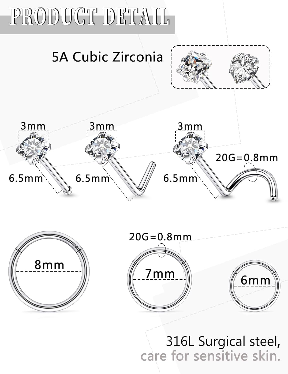 14K Gold Filled 20G Nose Rings Hoops Piercing Jewelry for Women 316L Stainless Surgical Steel Round Square Heart Diamond CZ Nose Rings Studs Nostril Piercing Jewelry for Women Men Silver Gold - Image 2