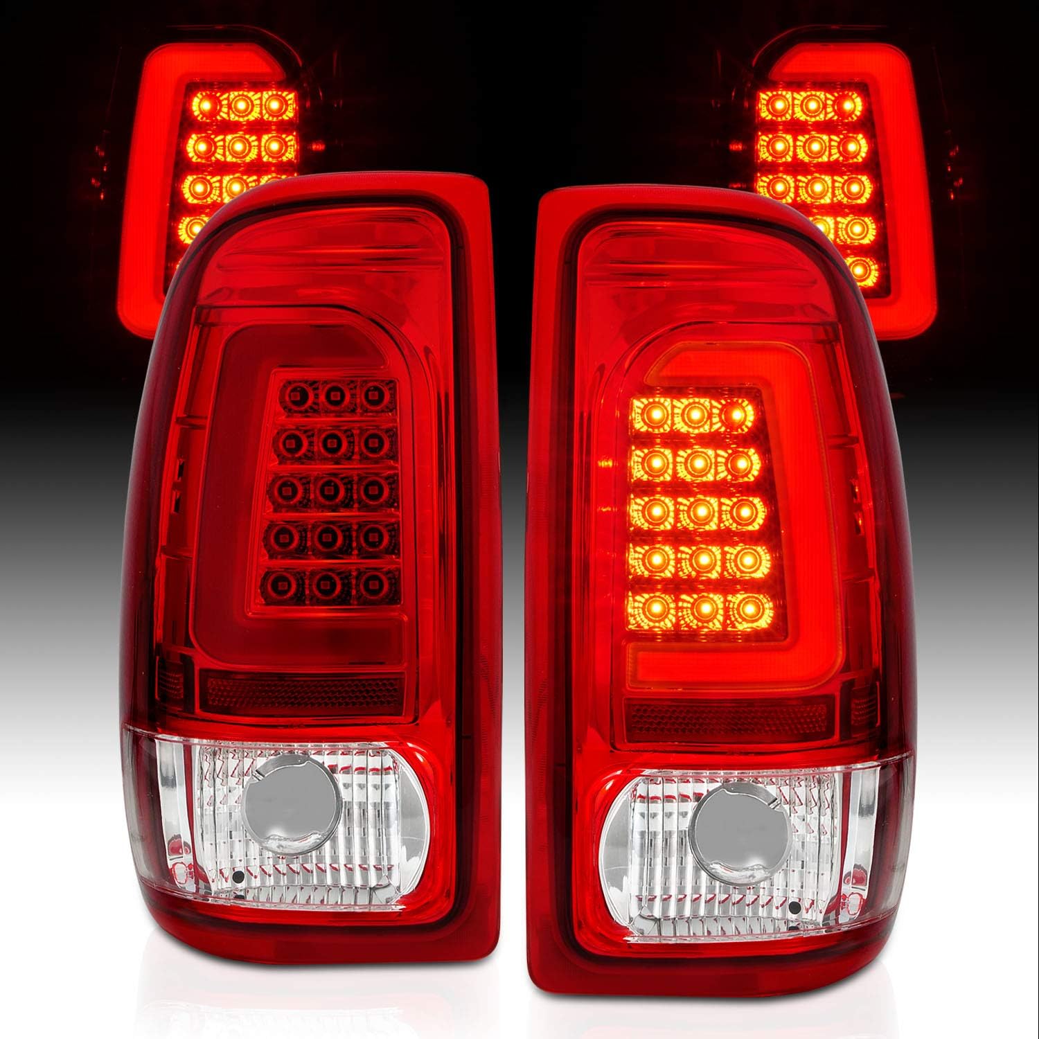 AmeriLite for 1997-2004 Dodge Dakota C-Type LED Crystal Red Tail Lights Brake Lamps Set - Passenger and Driver Side
