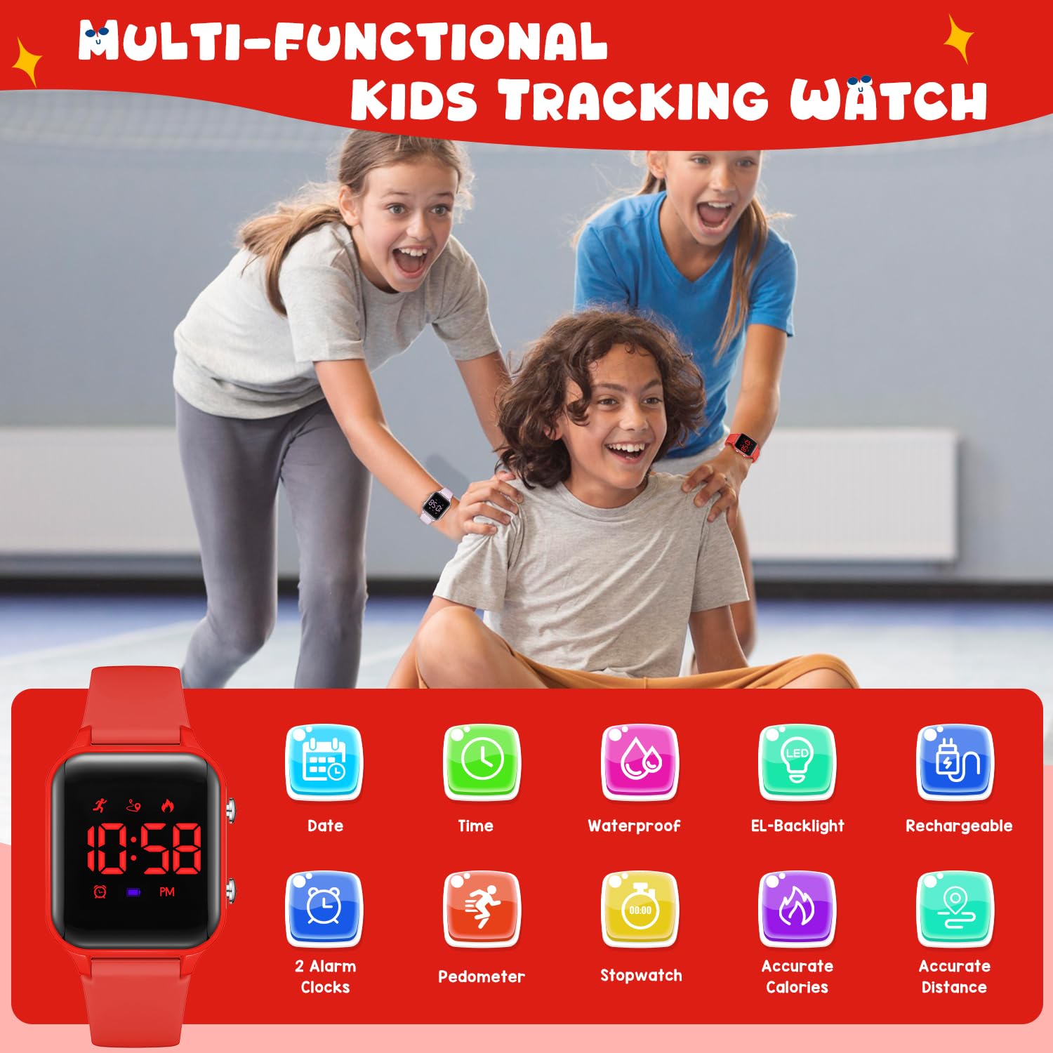 Orologio digitale per bambini per ragazzi e ragazze, orologio sportivo con fitness tracker, contapassi, sveglia, cronometro, senza bisogno di app, impermeabile, regalo per adolescenti, studenti,